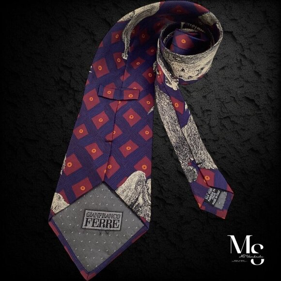 GIANFRANCO FERRE Blue & Gray Animal Print Silk Tie Made In Italy W:4" EX COND - Picture 2 of 6